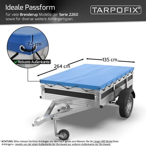Tarpofix® Anhängerplane 264 X 135 X 7,5 Cm Inkl. Planenseil - Randverstärkte PKW Anhänger Flachplane Abdeckplane - U.a. Passend Für Brenderup 2260S & 2260A Modelle 2 Tarpofix® Anhängerplane 264 X 135 X 7,5 Cm Inkl. Planenseil - Randverstärkte PKW Anhänger Flachplane Abdeckplane - U.a. Passend Für Brenderup 2260S & 2260A Modelle – Bild 2