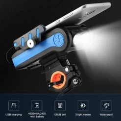 LIFCAUSAL Multifunktionales 4-in-1-wiederaufladbares USB-Fahrrad-LED-Licht Mit Handyhalter 130 DB Fahrradhupe Mobile Stromversorgung 3 Beleuchtungsmodi Wasserdichte Fahrrad-Frontscheinwerfer Für Radfahren (Rot 2400mAh) -Anhänger & Zubehör Verkäufe 66166733 3